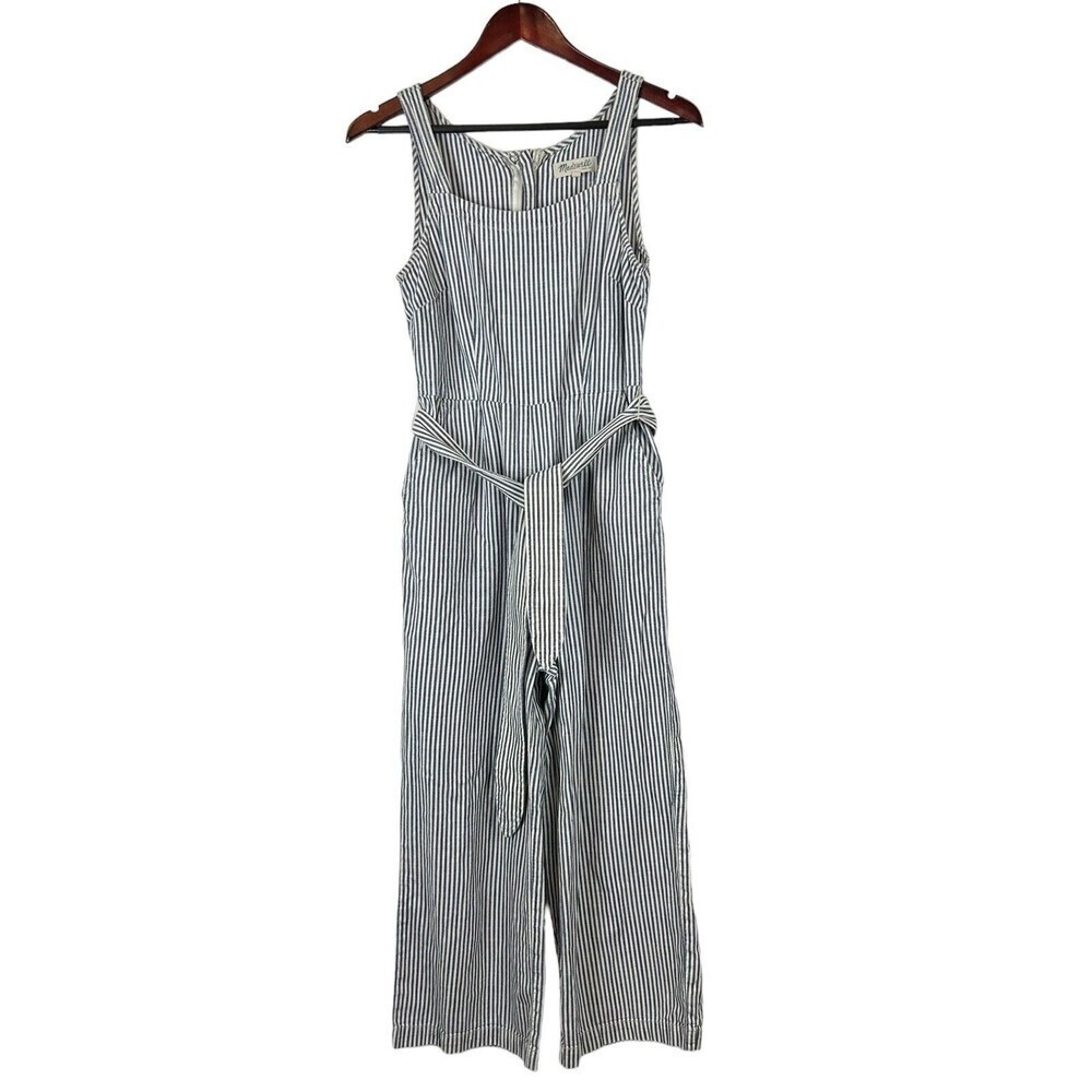 madewell Blue White Striped  Jumpsuit Wide Leg Women Size 0 Tie Waist Pockets